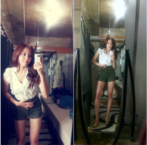 韓国の人気ガールズグループ「T-ara」（ティアラ）のメンバー、ヒョミンがホットパンツ姿で脚線美を披露した。写真：ヒョミンのツイッター
