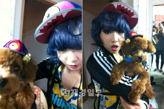 韓国女性アイドルグループ「2NE1」（トゥエニイワン）のメンバー、コン・ミンジが、愛犬とのおそろい帽子ファッションを披露した。写真=コン・ミンジのツイッター