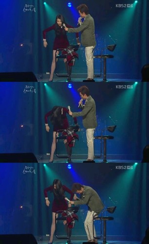女性歌手IU（アイユー）が、歌手チャン・ウヒョクの“バッファリング・ダンス”を披露したところ、本人の意に反して観客を爆笑させてしまった。写真＝韓国KBS放送キャプチャー