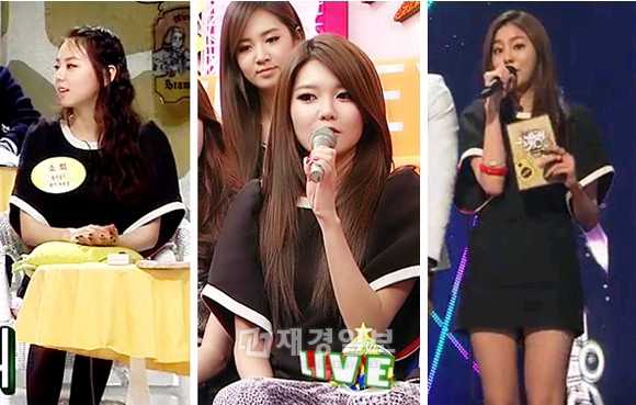 Wonder Girlsのソヒと少女時代のスヨンが同じ服を着て話題になったが、今度はAFTERSCHOOLのユイまで同じ服を着ているといいネットを賑わせている。写真=写真 =韓国MBCセバクィ、フジTVヘイヘイヘイ、韓国KBSミュージックバンク