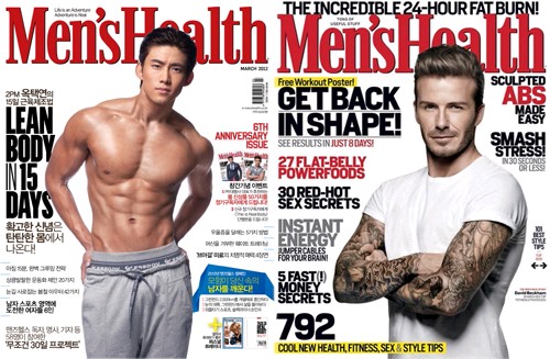韓国の「野獣系」男性アイドルグループ「2PM」のテギョンと、セクシーな世界的サッカースター、ベッカムが、それぞれ有名男性ライフスタイルマガジン『Men’s Health』(メンズヘルス)3月号の韓国版とイギリス版の表紙を飾った。