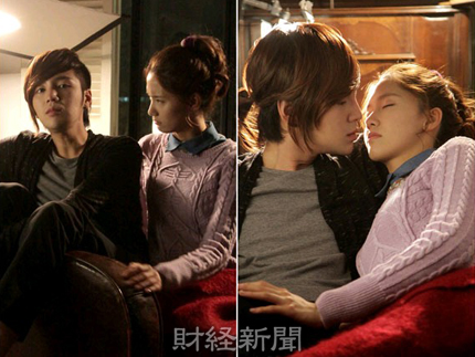 韓国KBSドラマ『ラブレイン』のチャン・グンソクとユナが酒に酔ってキスをする。