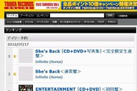 INFINITE（インフィニット）の日本Newシングル「She’s Back」が、日本の予約販売チャート1・2位の座を占める快挙を遂げた。