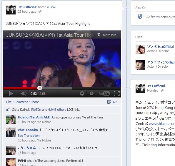 JYJジュンスの初ソロコンサートツアー「XIA 1st Asia Tour Concert」のハイライト動画がJYJのオフィシャルフェイスブックページなどで公開されている。写真はフェイスブックページでの投稿とユーザーのコメントの一部。