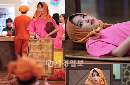 IUが、チムジルバン（韓国式サウナ）の公式スタイル“ヤンモリ（羊頭）”を越えた“ボトン巻き”を披露し、注目を集めている。写真=グループエイト	