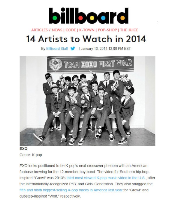 EXOが、米ビルボードが選んだ“2014年注目のアーティスト14”に選ばれた。写真＝SMエンターテインメント