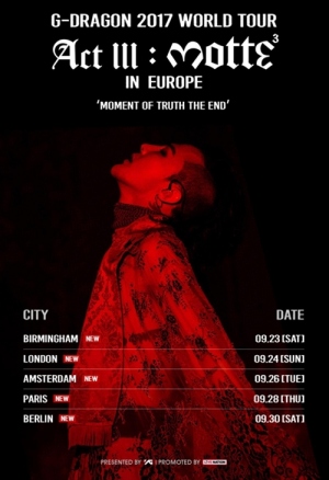 BIGBANGのG-DRAGON、初ソロツアーで9月にヨーロッパ5都市での公演追加